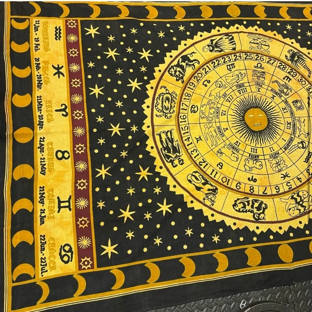 Astrology Zodiac Tapestry Wall Art Moon Phase Indian Cotton Black Yellow Vintage